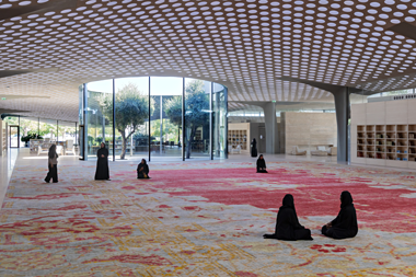 Looking from the prayer hall towards the two-trees feature and entrances – photography by Iwan Baan, courtesy of DS+R Architects